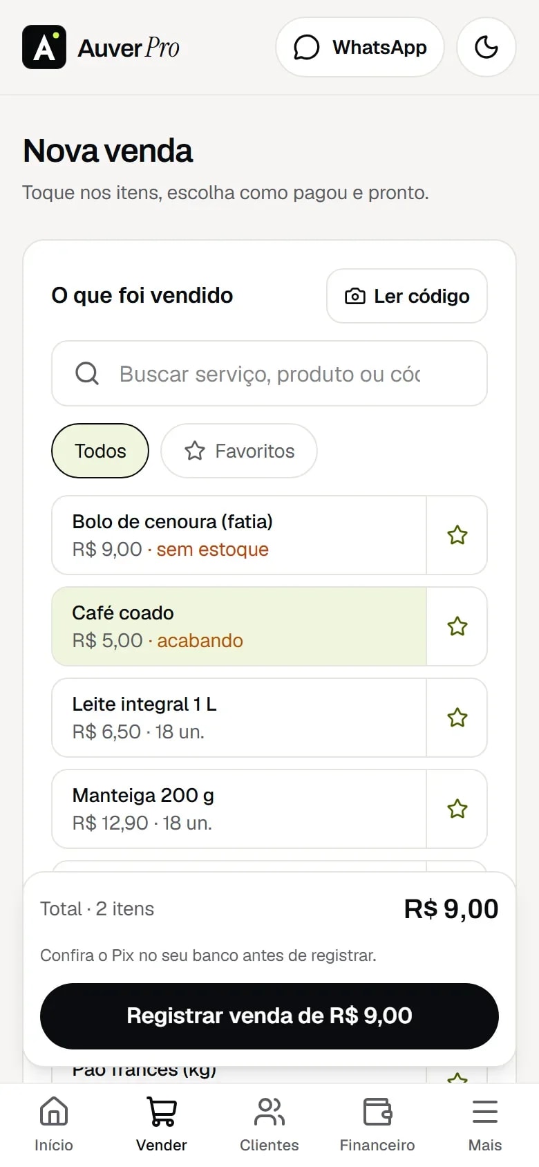 Nova venda no celular, com os produtos da padaria