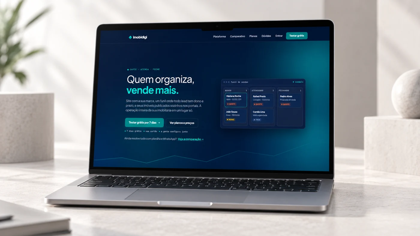 Site da ImobiDigi apresentando a plataforma com o funil de vendas de exemplo