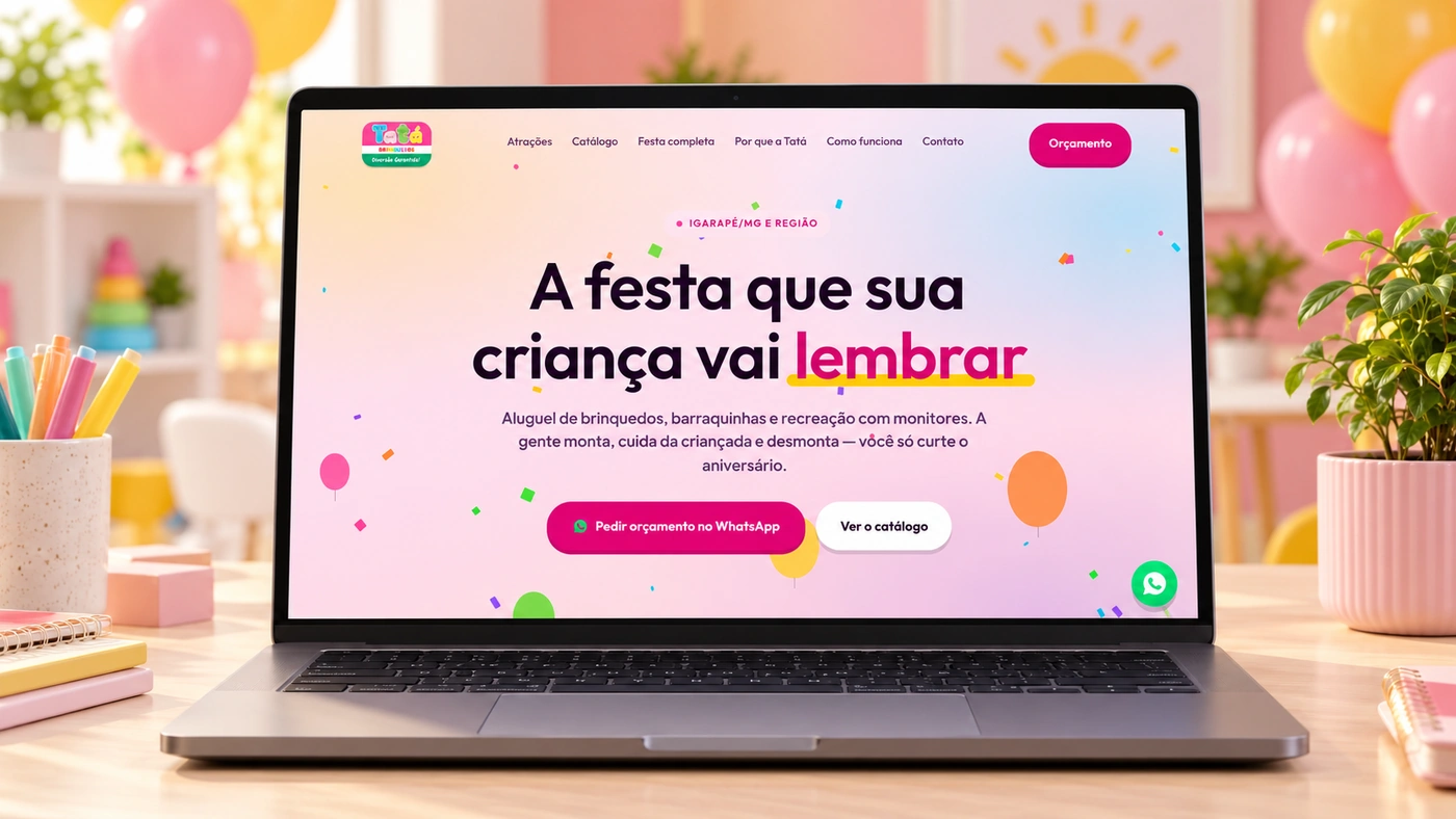 Página inicial da Tatá Brinquedos com identidade colorida e chamadas para catálogo e orçamento